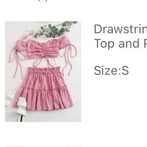 Drawstring Detail Shirred Back Bardot Top and Paperbag Waist Skirt Set